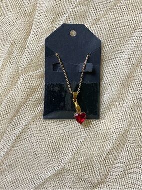 Hand Crafted Gold Tone Necklace with Red Heart Crystal Pendant